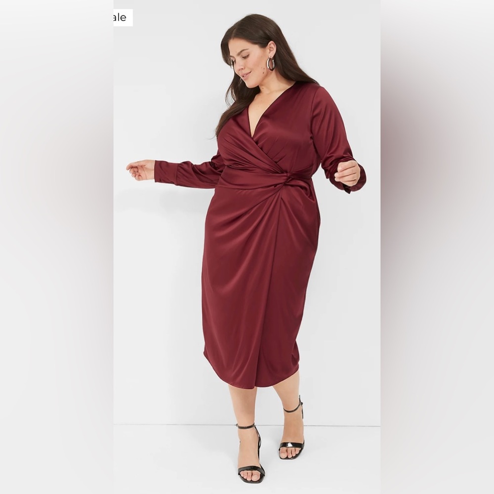 Lane Bryant, 18/20, Red Stretch Satin Knot-Front Midi Dress